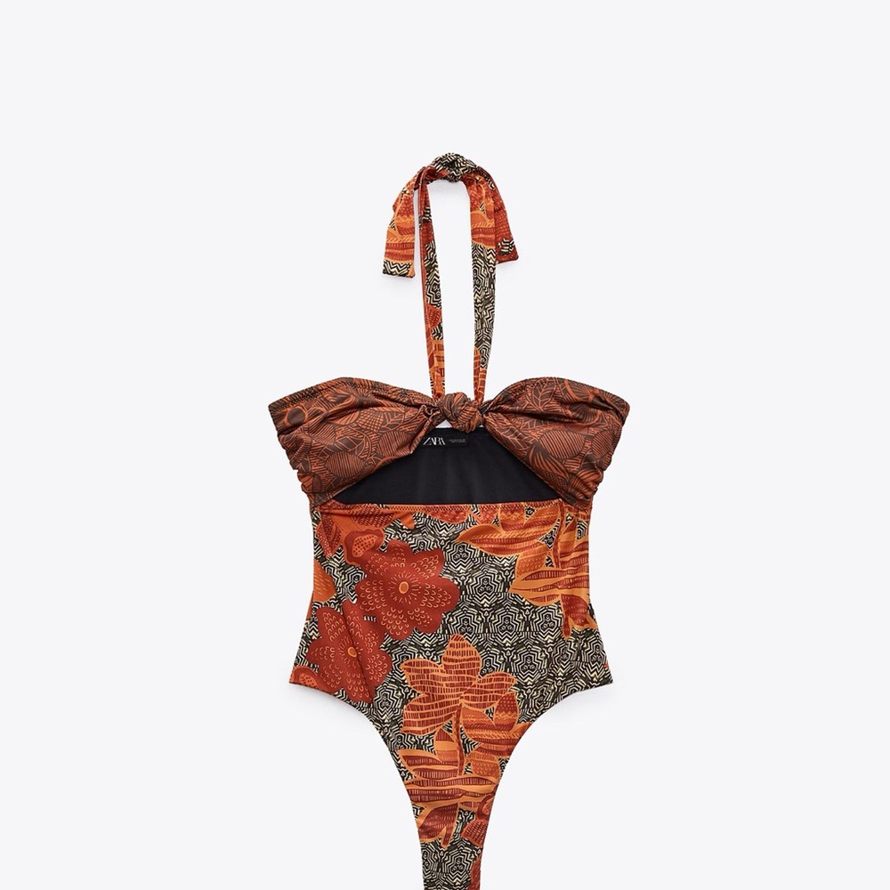 Zara Orange and Black One Piece Halter Swimsuit